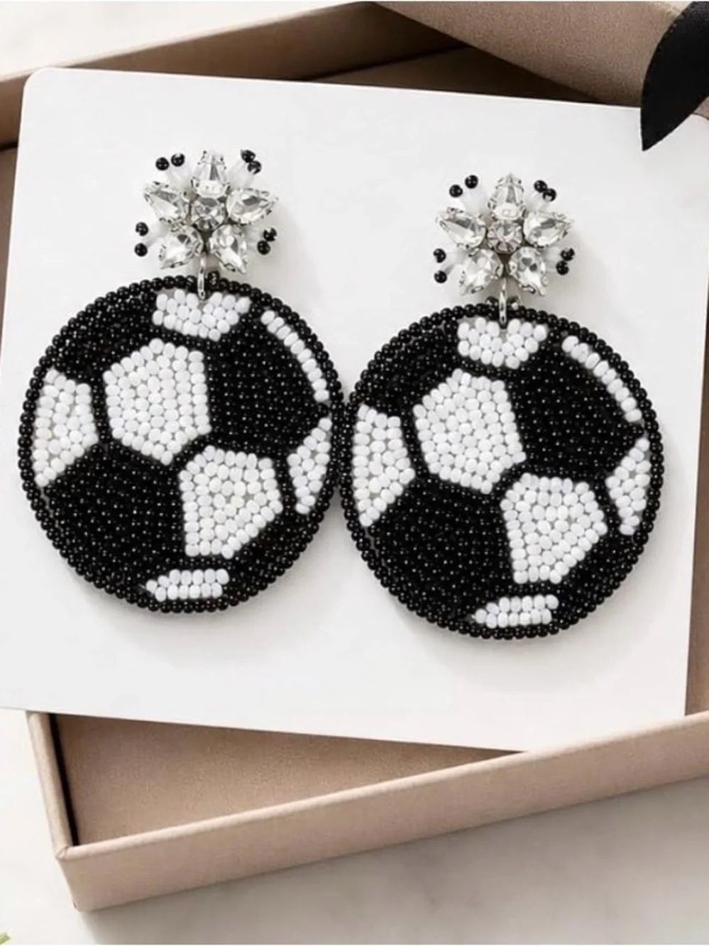 Black and White Beaded Soccer Ball Drop Earrings - Unbranded - Picture 4 of 4